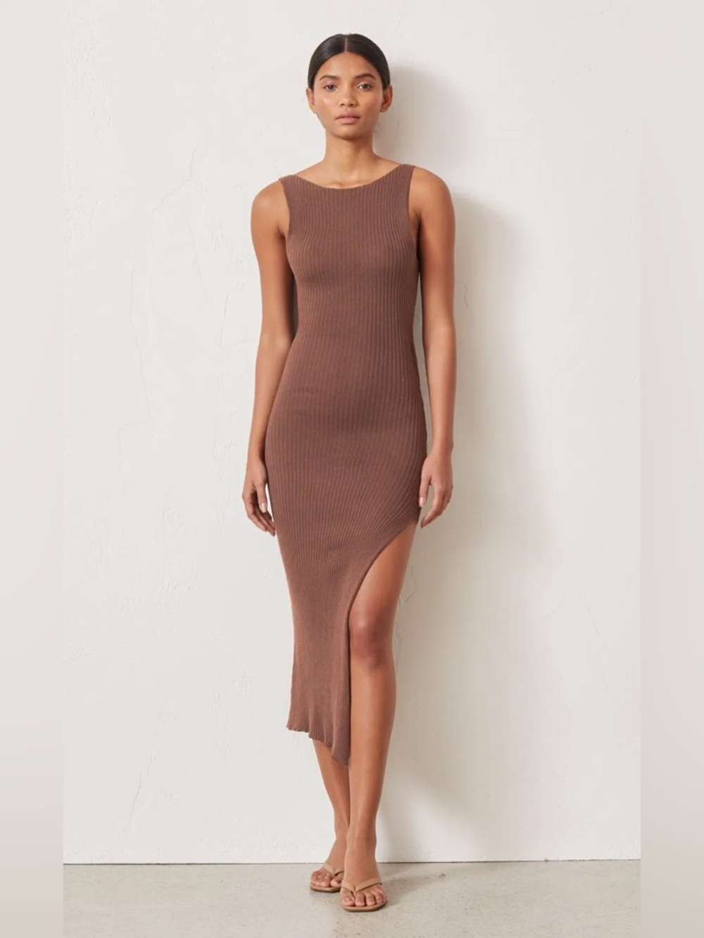Size Large WEST ORGANIC RIB TANK DRESS Brown Maxi Sleeveless Open Side Slit NEW